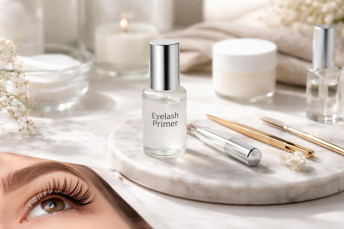 professional eyelash primer bottle and lifted lashes