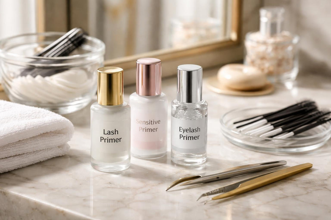 professional eyelash primers and applicators on table