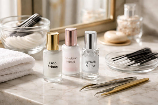 professional eyelash primers and applicators on table