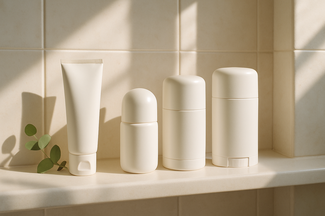 Bright bathroom shelf with minimalist cream and stick deodorants and a eucalyptus sprig