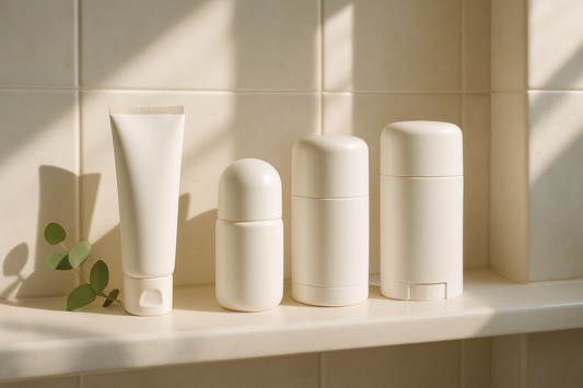 Bright bathroom shelf with minimalist cream and stick deodorants and a eucalyptus sprig