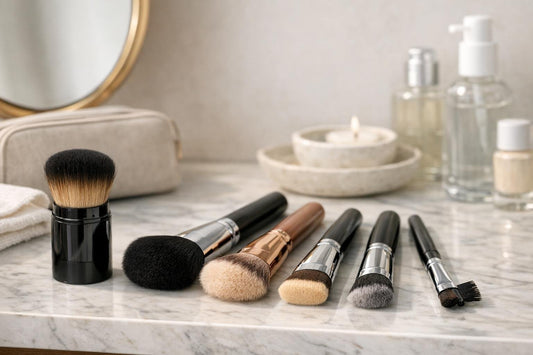 assorted face makeup brushes and travel kabuki