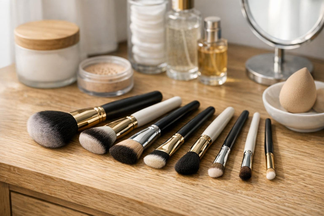 assorted face makeup brushes on wooden surface