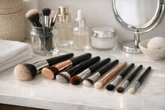 assorted face makeup brushes on white surface