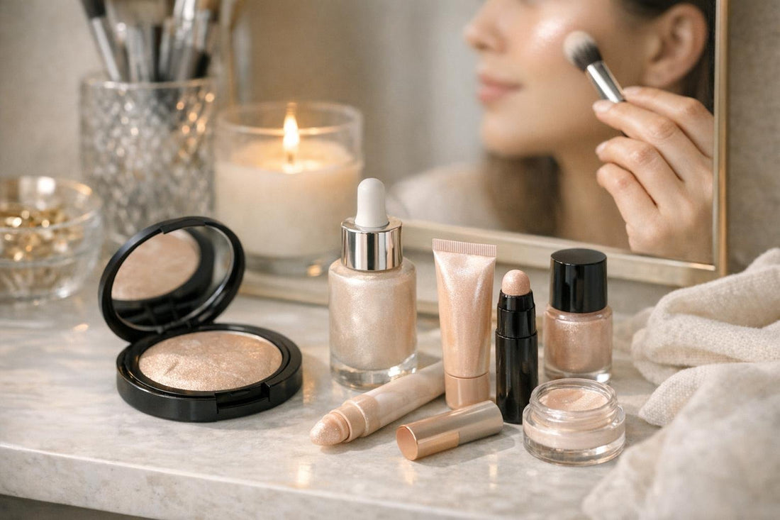 woman applying luminous face highlighter makeup