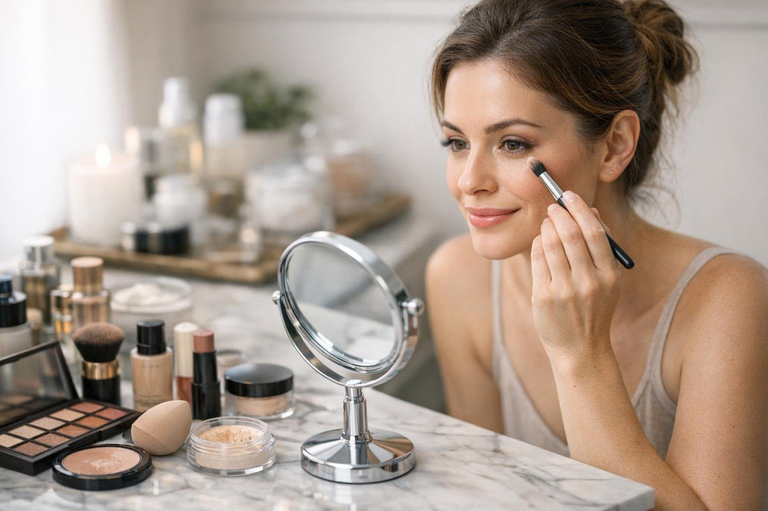 Canadian woman applying natural face makeup essentials
