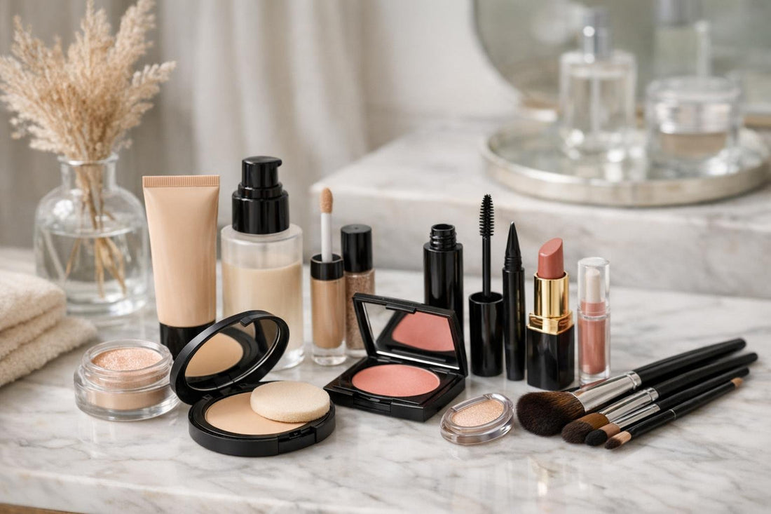 Everyday face makeup essentials laid out for Toronto routine