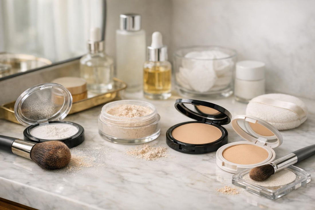 face powders and brushes on Toronto vanity