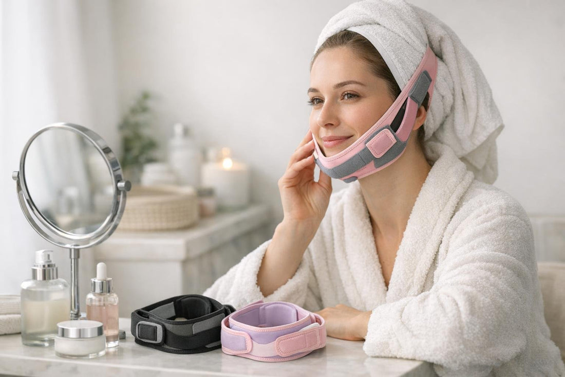 Beginner using face toning belt at home in Canada