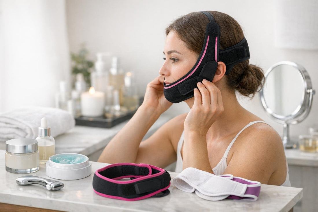 Woman adjusting face toning belt for fit