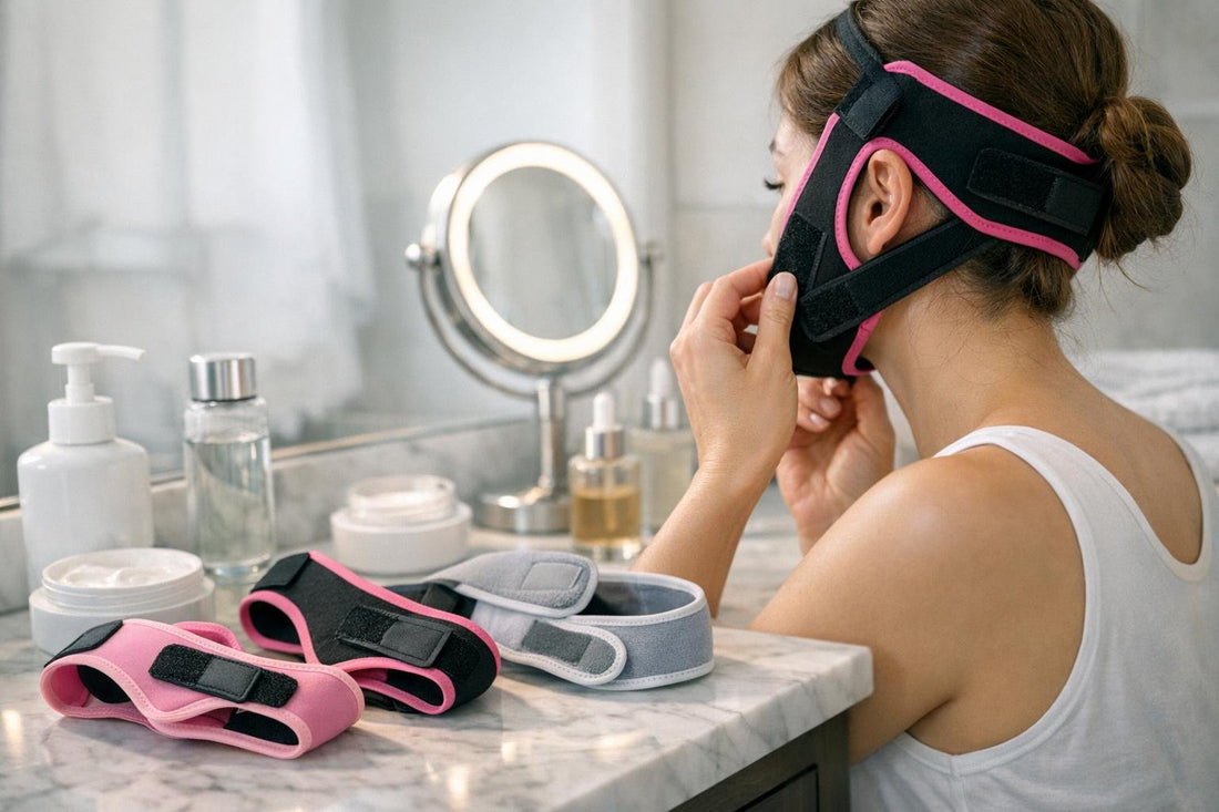 woman adjusting face toning belt for proper fit