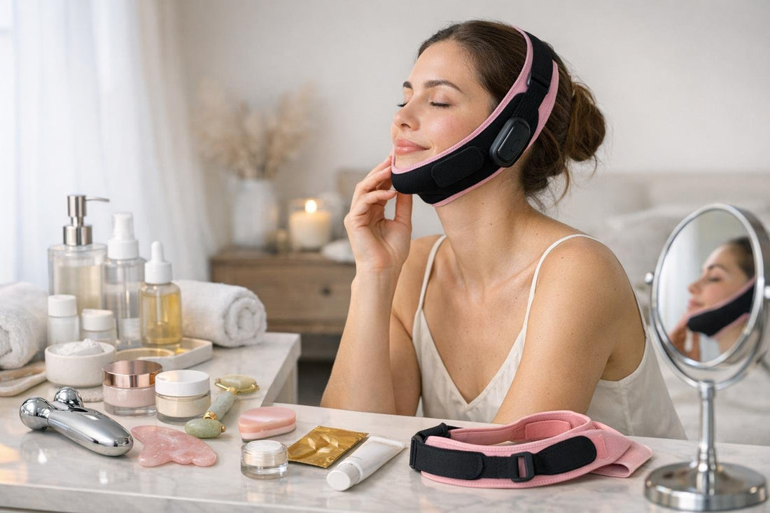 woman using face toning belt at home
