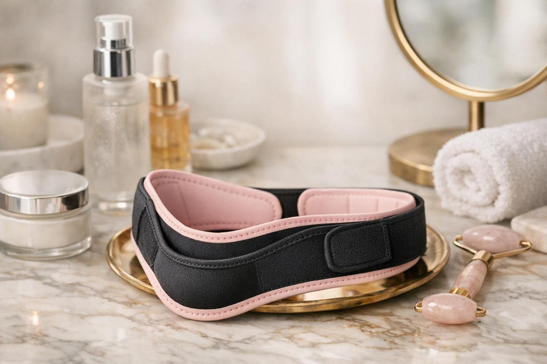 Face toning belt positioned under chin for jawline support