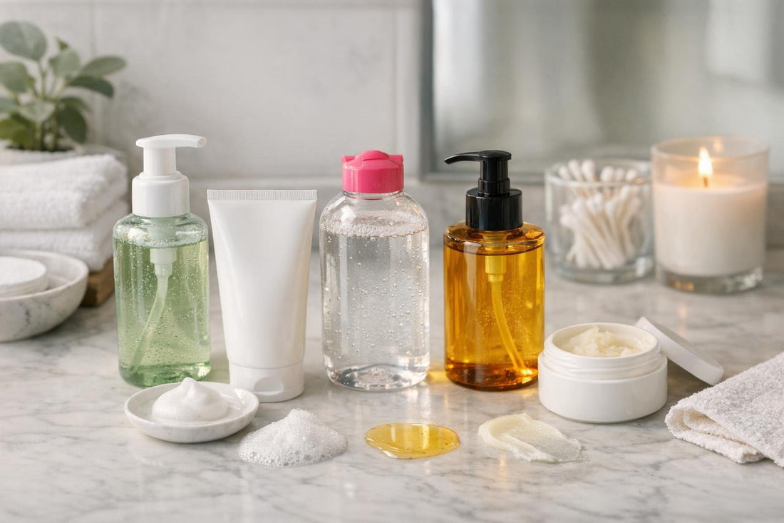 Assorted facial cleansing washes on bathroom counter in Canada