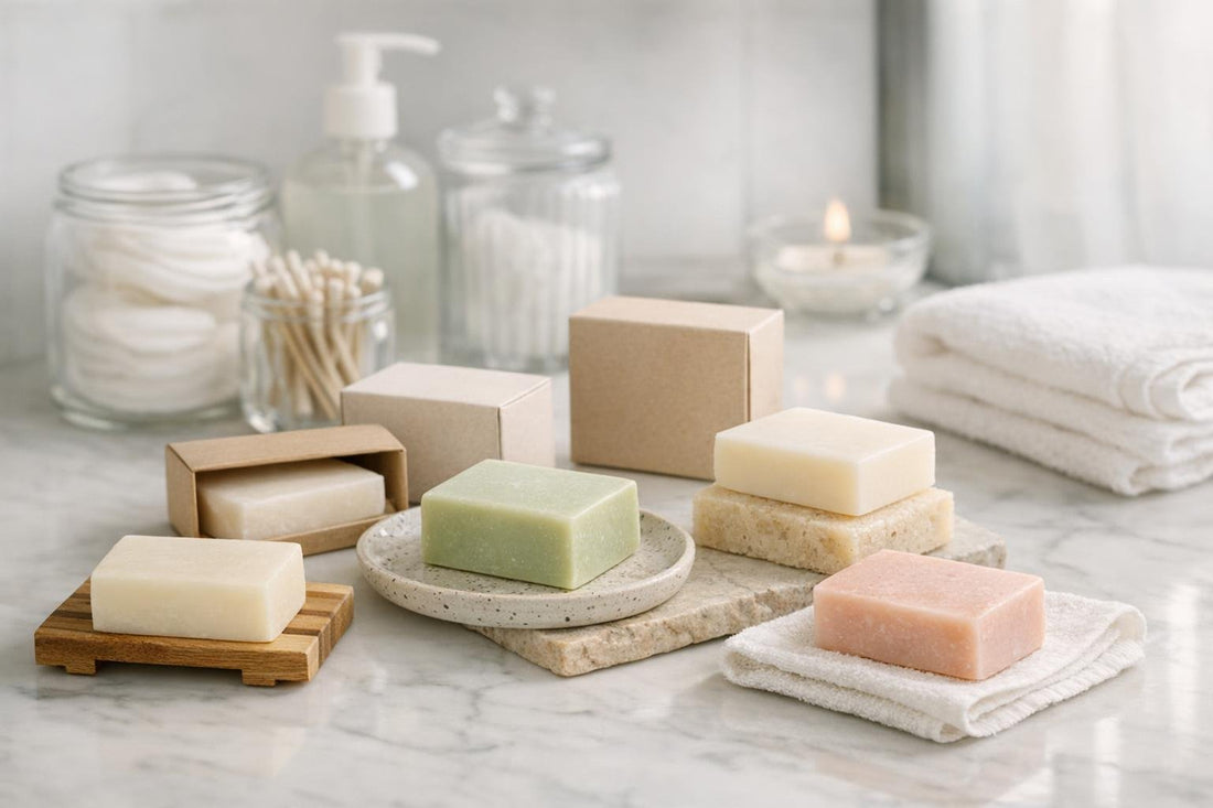 Collection of facial cleansing bars and packaging