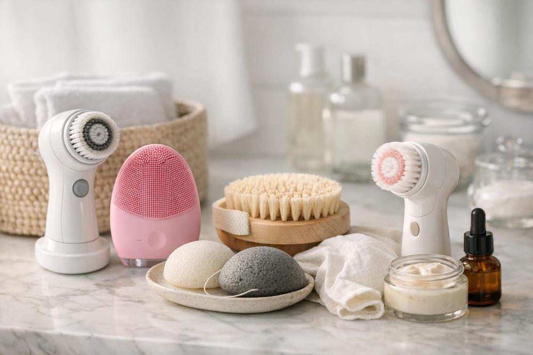Assorted facial cleansing brushes and silicone devices