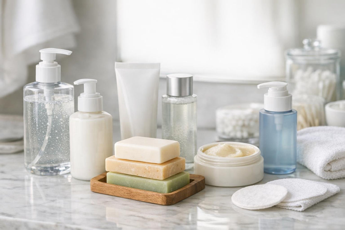 Assorted facial cleansers and gentle soap bars