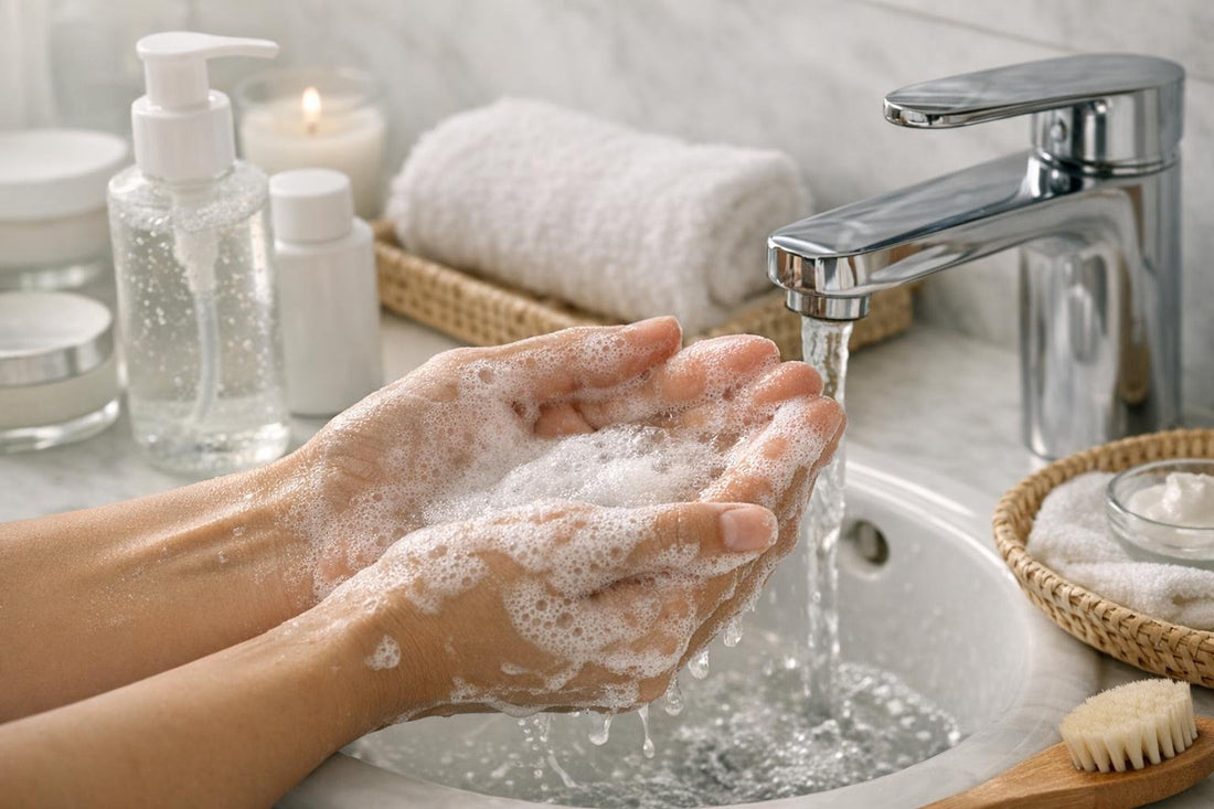 Hands lathering facial cleansing gel with lukewarm water