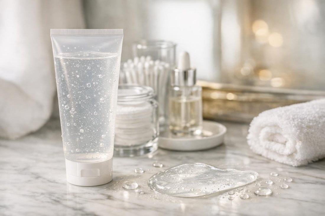 Facial cleansing gel texture beside water droplets in Canada