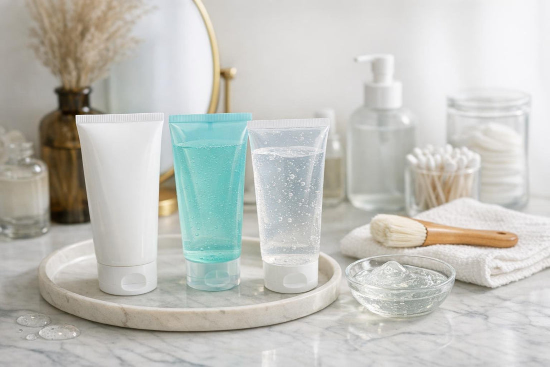 Gentle facial cleansing gels for sensitive skin on vanity