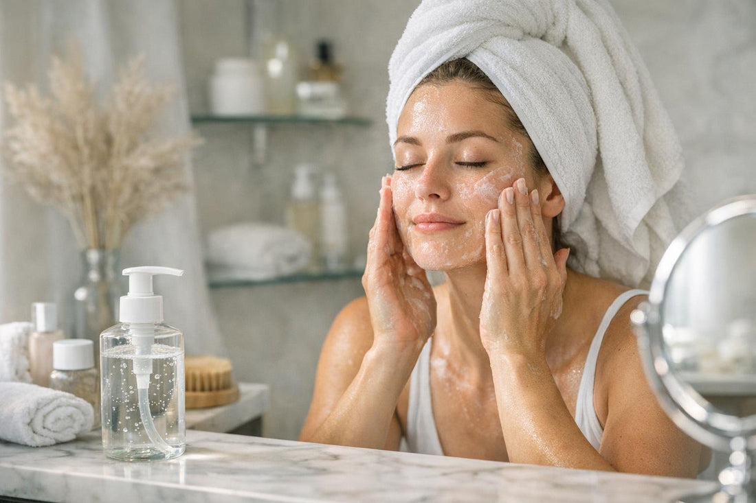 Canadian woman using facial cleansing gel in bathroom