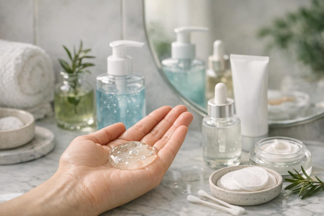 Close-up cleanser gel texture on hand with droplets