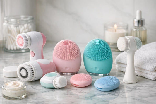 Assorted facial cleansing brushes and silicone scrubbers
