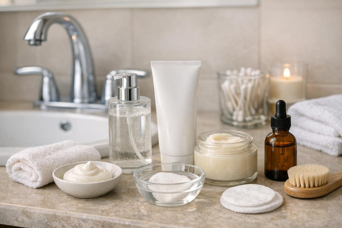 Step-by-step facial cleansing essentials routine at a sink