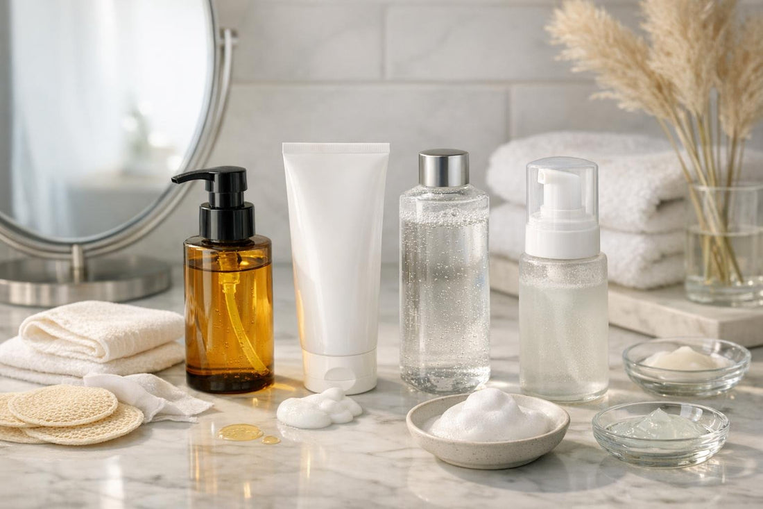 Cleansers arranged for double cleansing and skin type matching