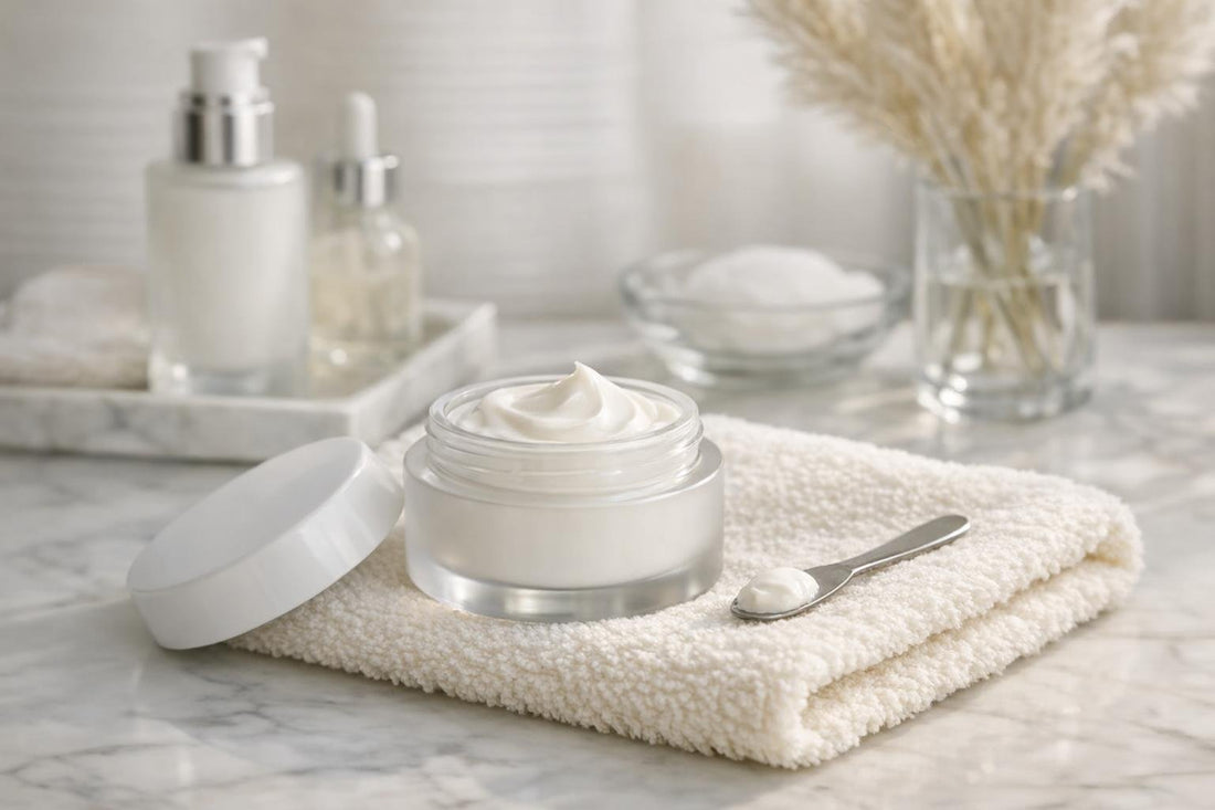 Facial contour cream jar and applicator on towel