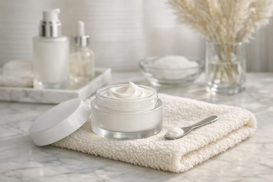 Facial contour cream jar and applicator on towel