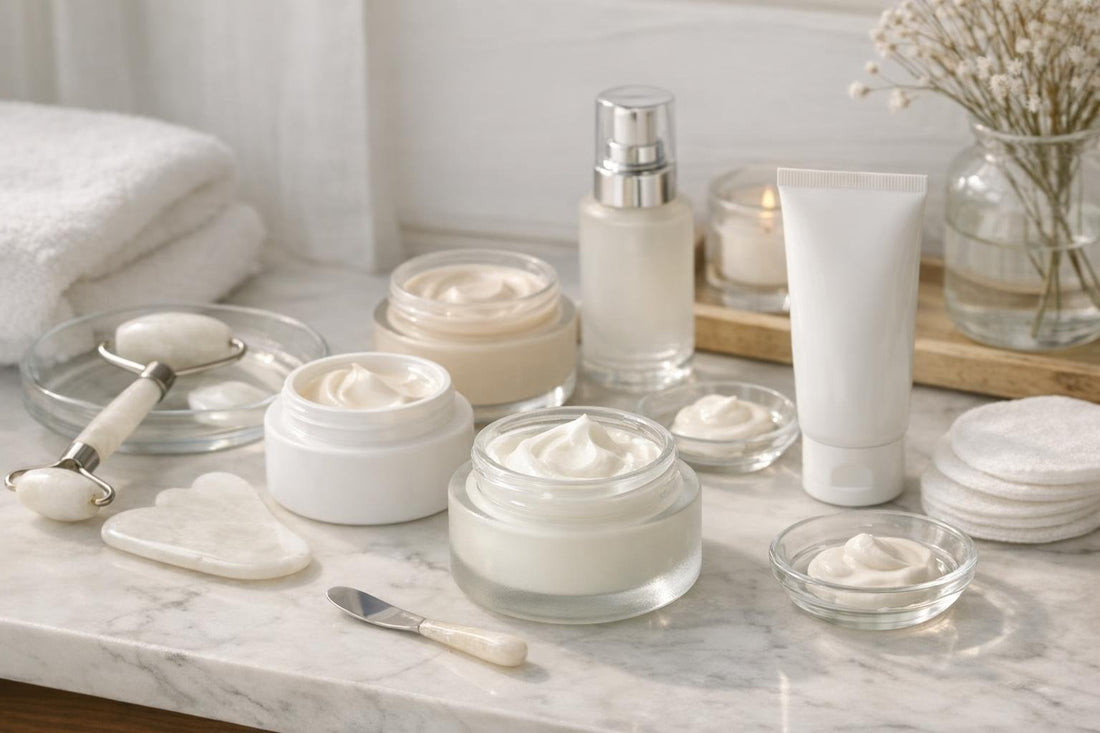 Gentle facial contour cream on sensitive skin