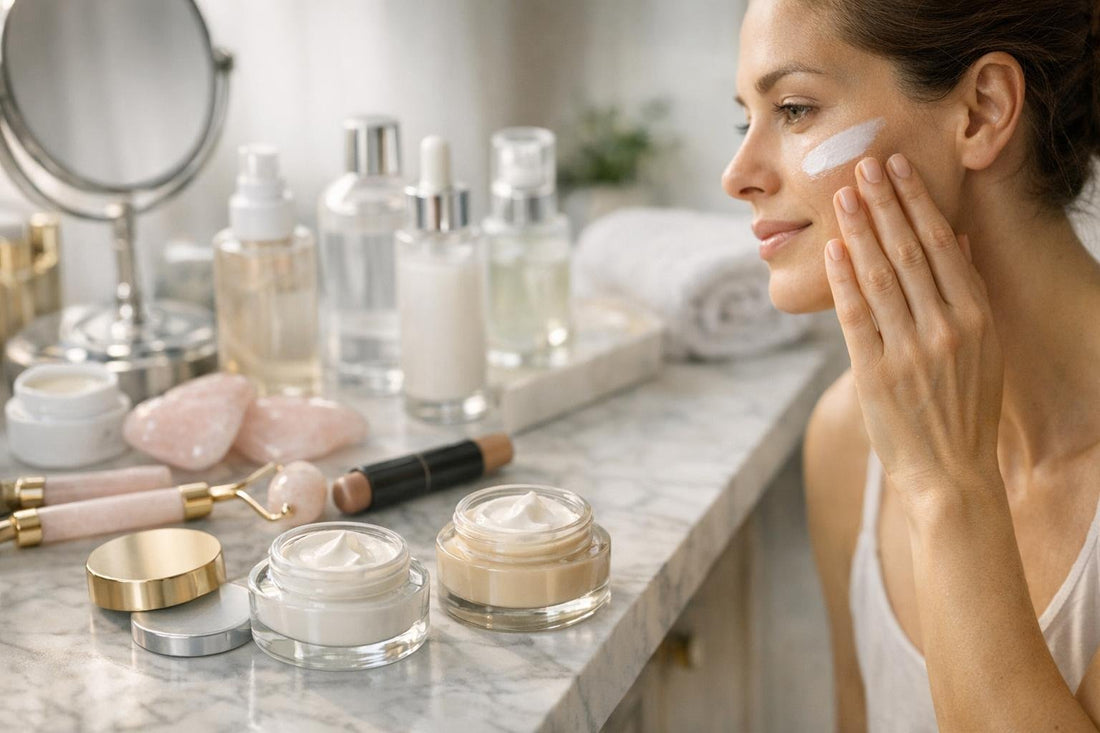 Woman applying facial contour cream for sensitive skin