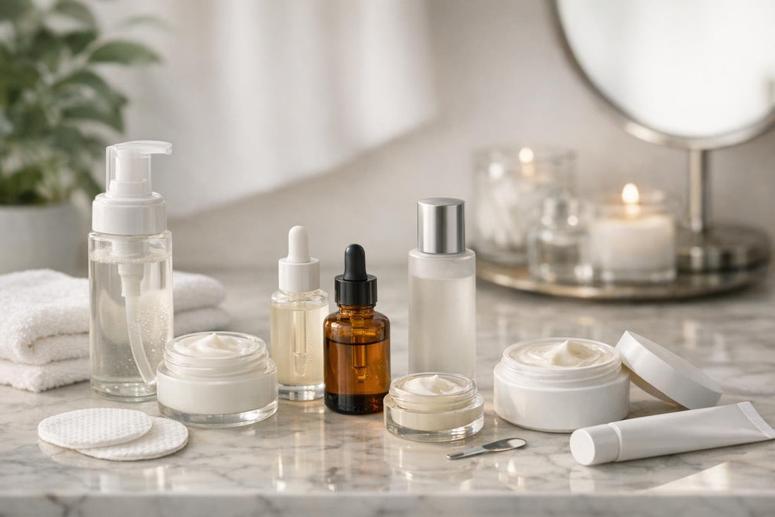 Facial skin care set steps laid out for layering