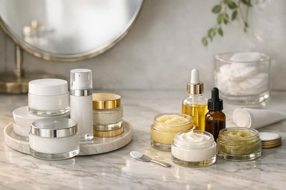 Assortment of facial creams and moisturizers on counter