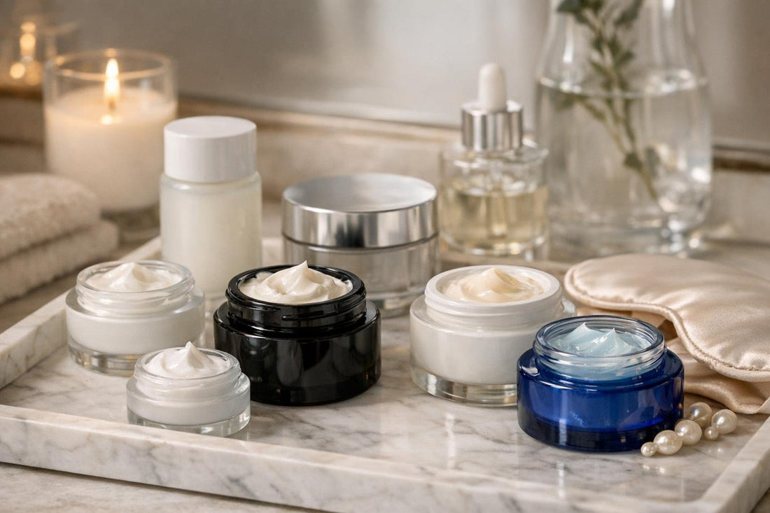 Assorted facial night creams in jars on vanity