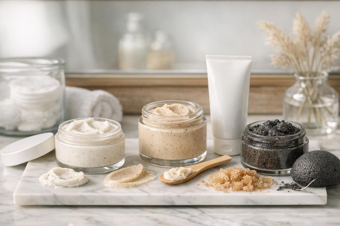 Facial polishes and scrubs arranged for beginner to advanced use