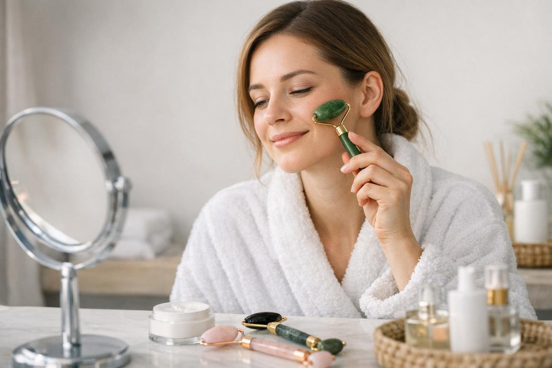 Beginner using a facial roller on cheek at home