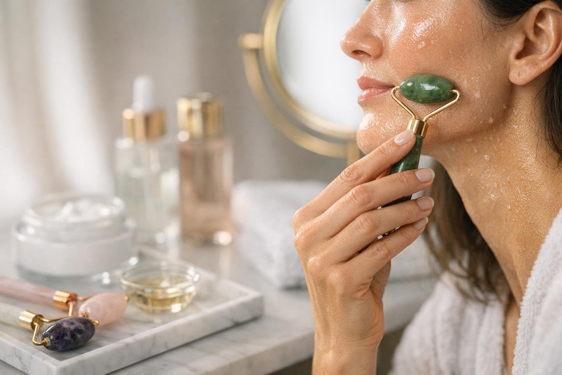 Hands using a facial roller on cheek with serum