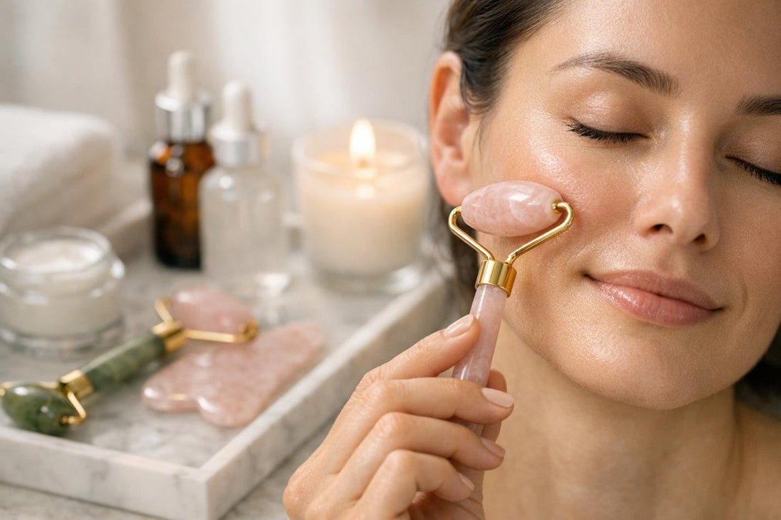 Facial roller gliding on cheek for smoother-looking skin
