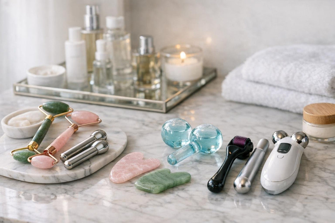 Facial rollers and skincare alternatives on table