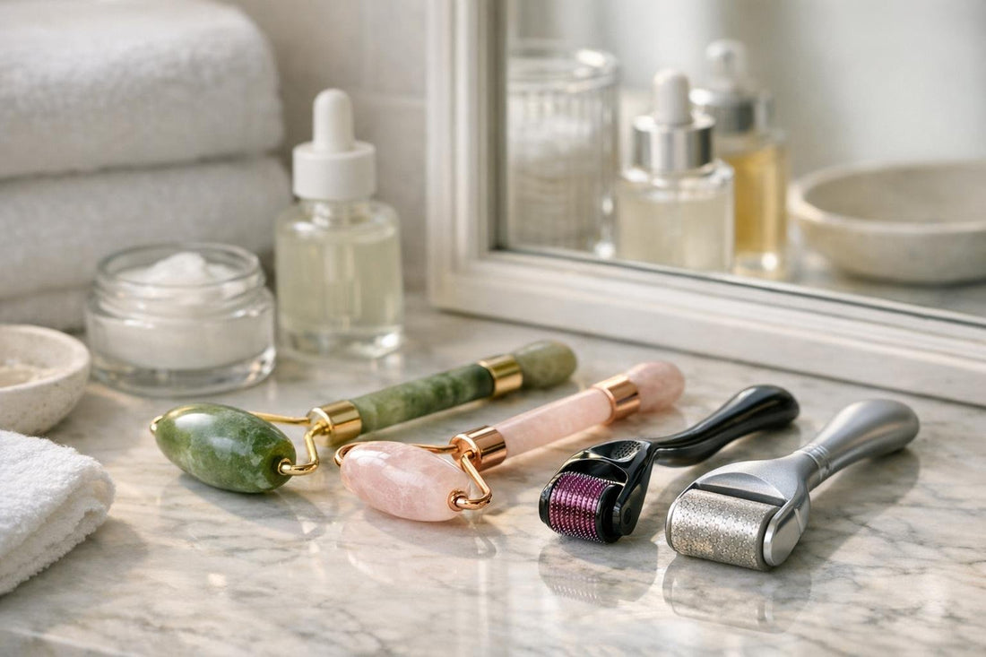 Assorted facial rollers including jade and microneedling tools