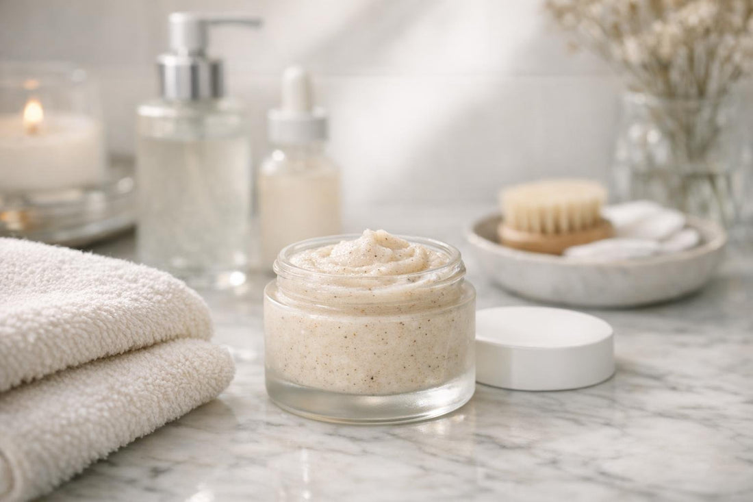 Gentle facial scrub jar and soft towel Toronto