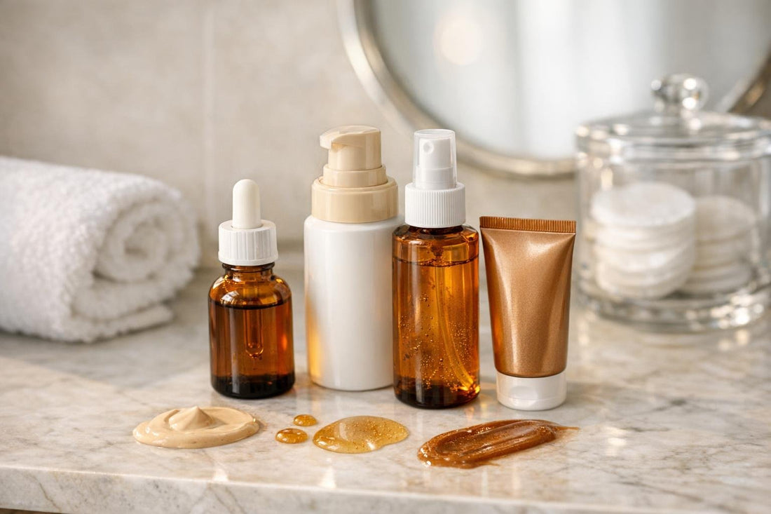 Close-up of facial self tanner bottles and swatches