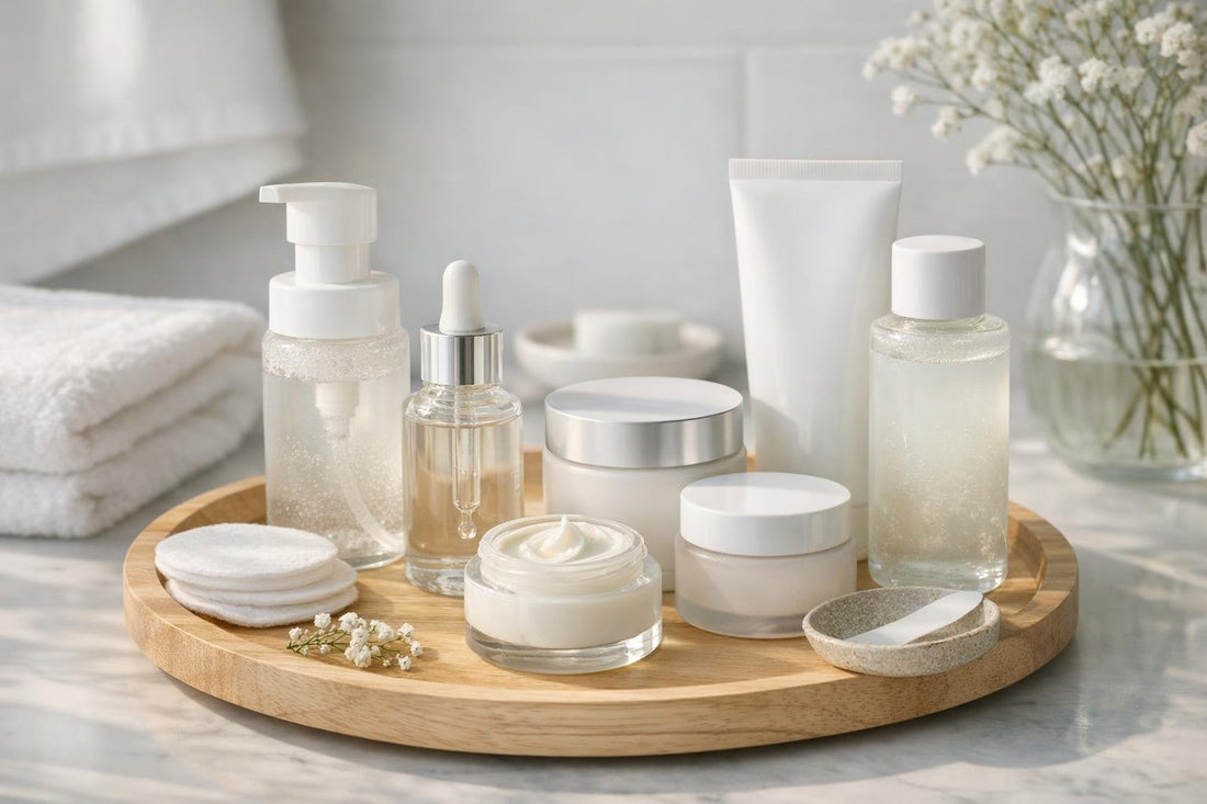 Facial skin care kits on wooden tray