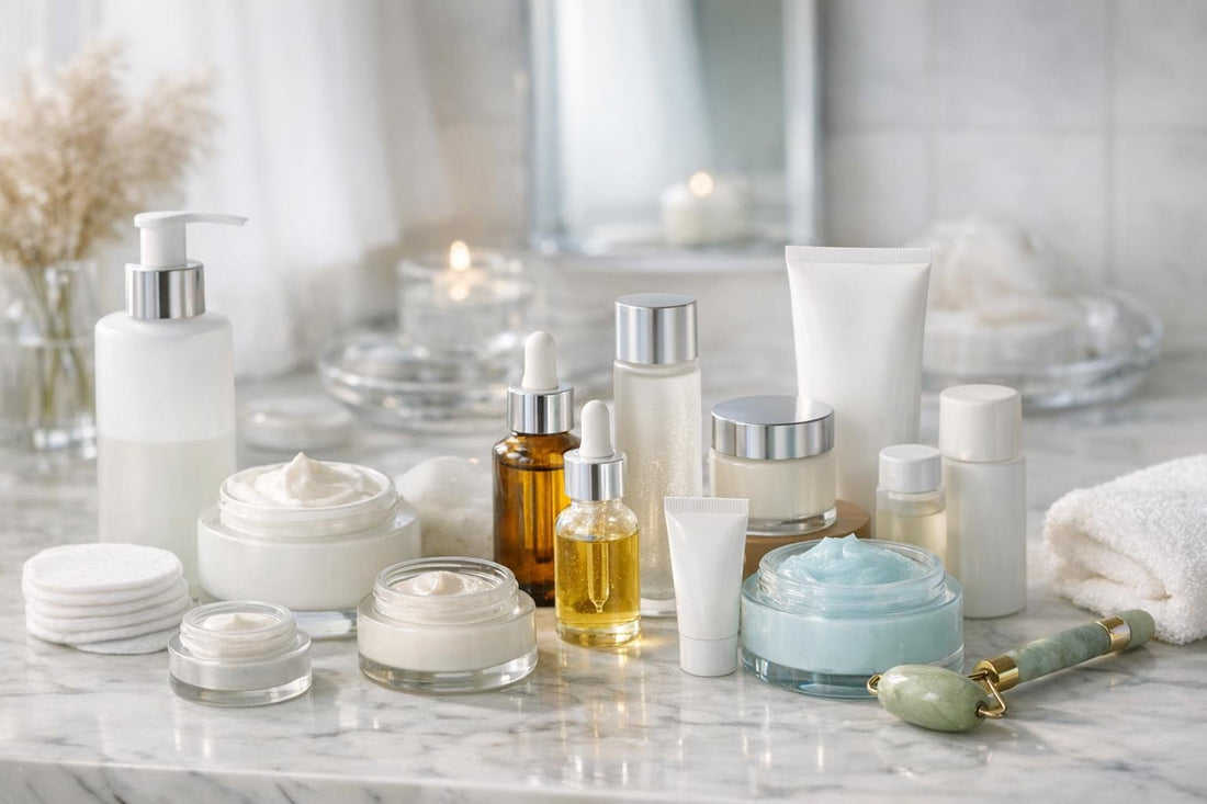 Assorted facial skin care kits on a bathroom counter