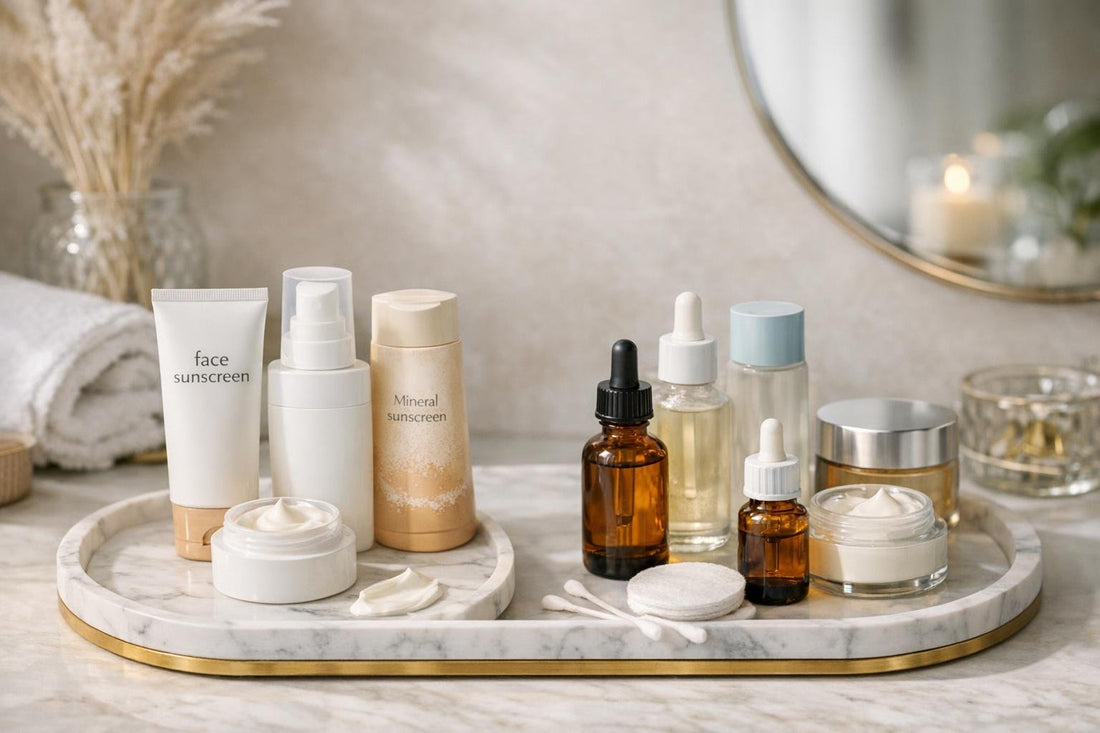 assorted facial sunscreens and serums for sensitive skin