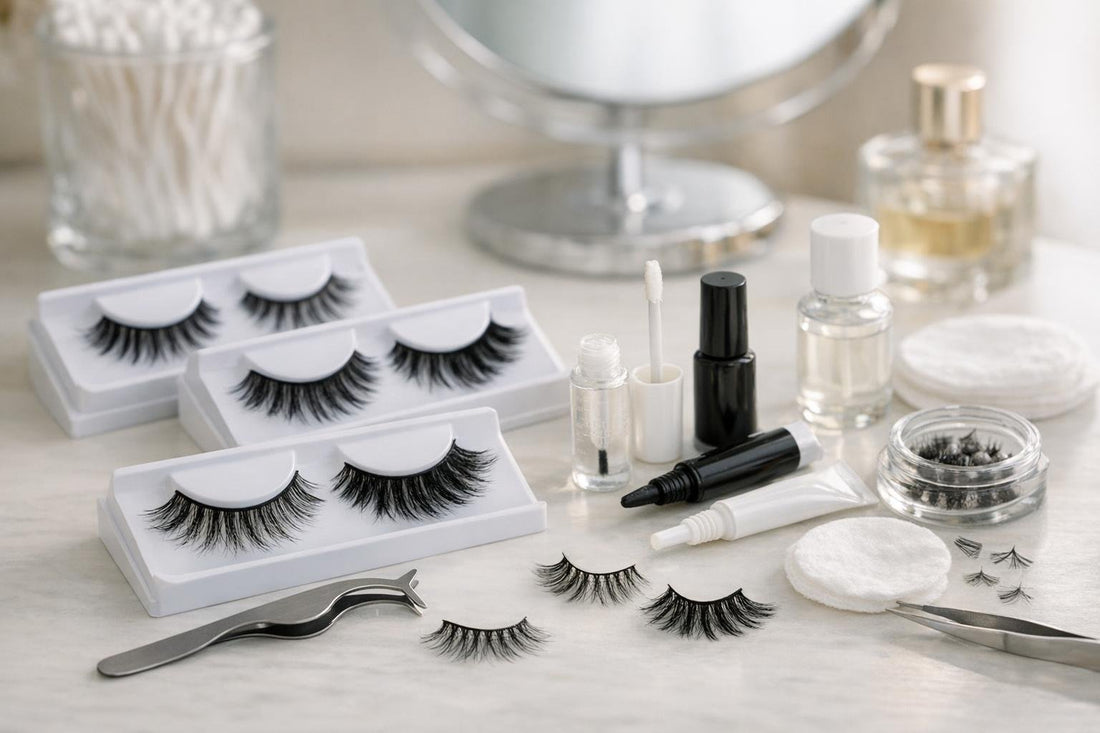 Beginner false lashes and adhesives assortment laid out