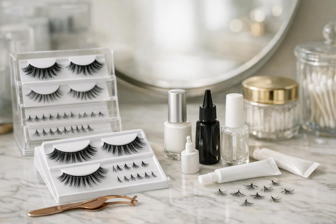 assortment of false lashes and adhesive bottles