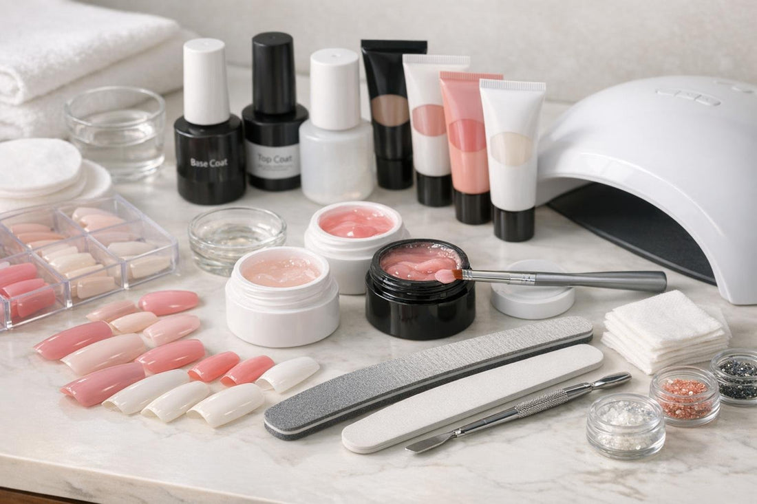 Assorted false nail gels collection, files and lamp